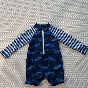 Little Lad Boys Navy White Striped w Whales Sunsuit Long Sleeves Swim Suit

18M
